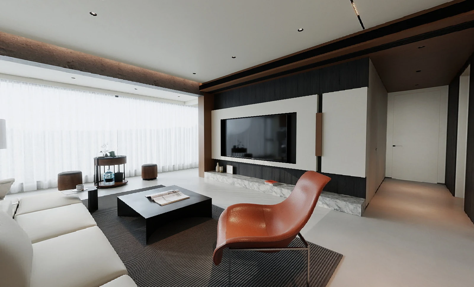 Minimal Contrast Residence design visualization with a light living room, full-height curtains, and a warm cognac lounge chair